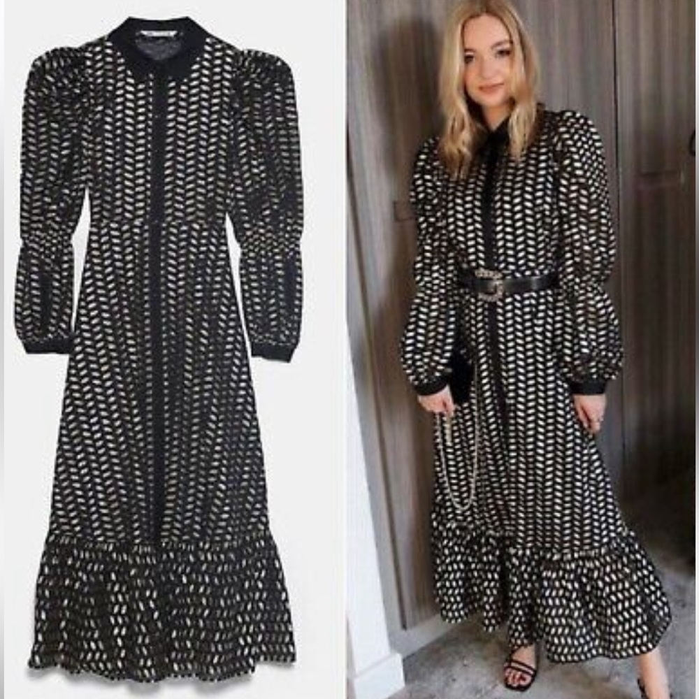 Zara Puff Long Lantern Sleeve Gold Leaf On Black Maxi Dress XS - Picture 1 of 16